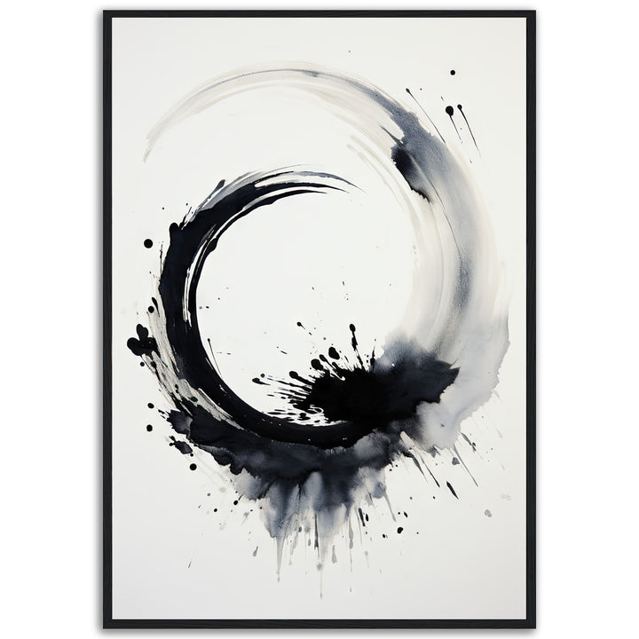 Minimalist ink brush artwork of a black and gray enso circle on white background, titled 'Circle of Life' – fine art giclée print by Papanee Studio.
