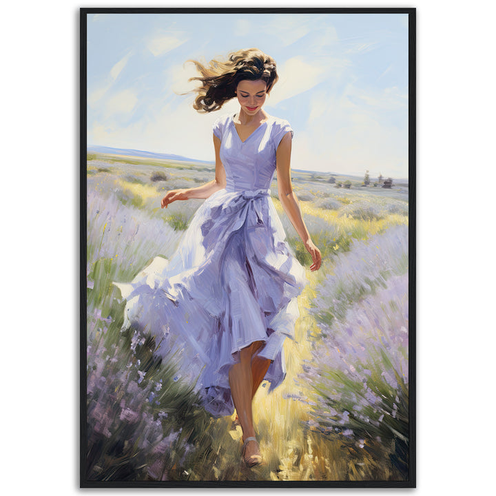 A dreamy painting of a woman in a flowing lavender dress walking through a sunlit lavender field, captured in expressive brushstrokes.
