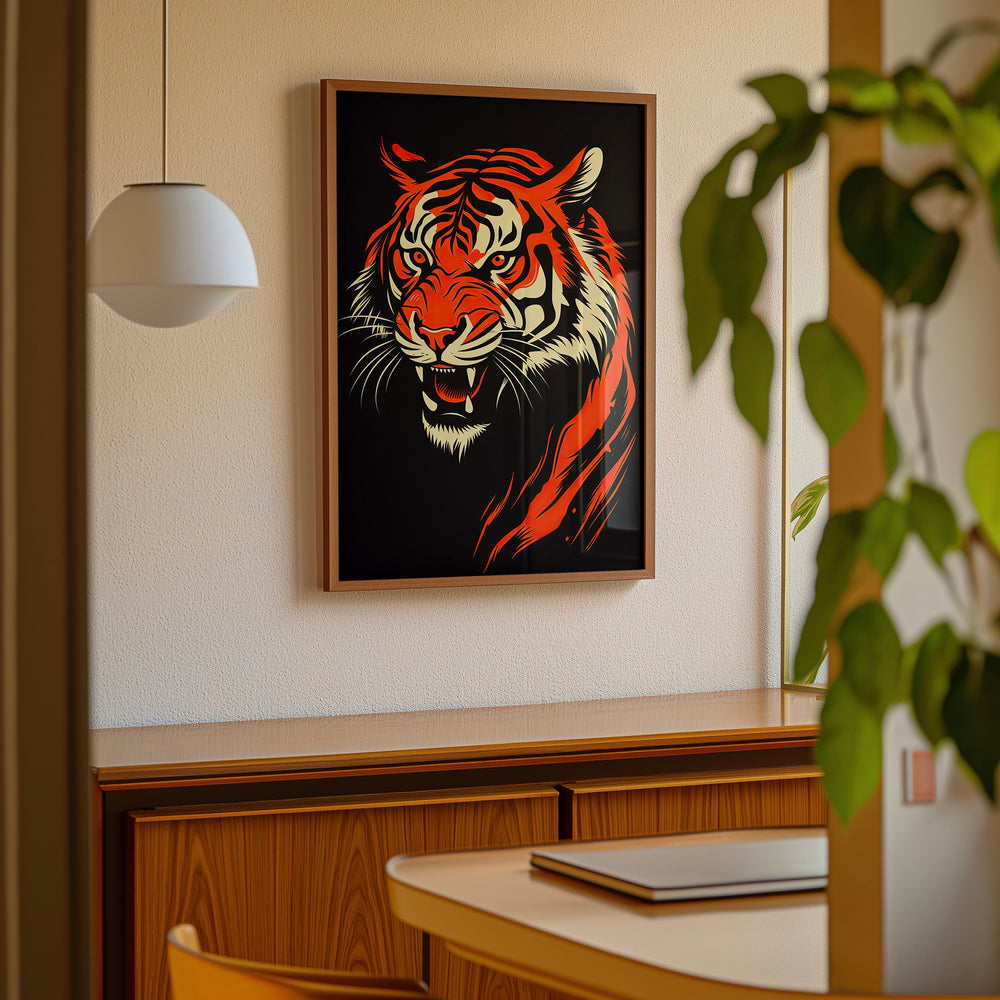 Framed tiger giclée print from "Burning Stripes" collection, modern luxury wall art displayed in a minimalist interior, Papanee Studio design.