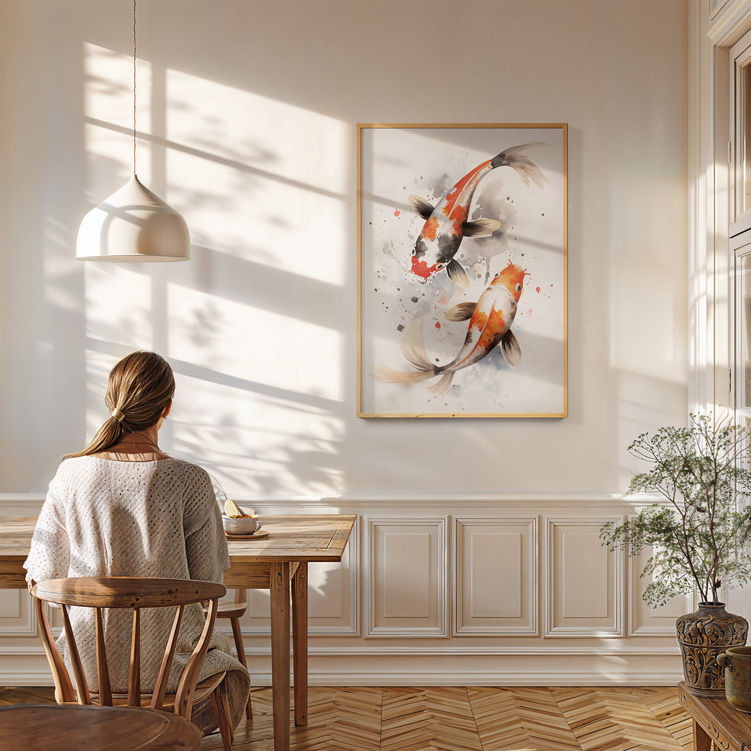 Framed 'Eternal Flow' watercolor koi fish artwork hanging in a sunlit dining room. The contemporary print adds a peaceful, elegant accent to the minimalist interior.