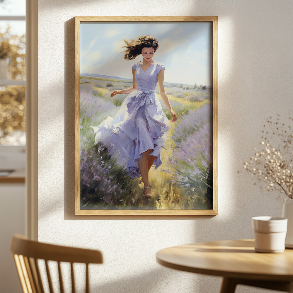 Framed painting of a woman in a lavender field on a wall in a room with a table and chair.