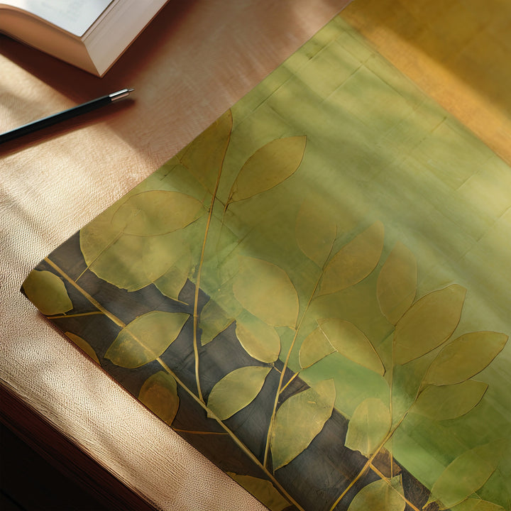 Close-up of 'Botanical Dawn' giclée print, highlighting delicate golden leaves etched on deep greens and warm yellow hues. A sophisticated botanical art piece for serene modern interiors.