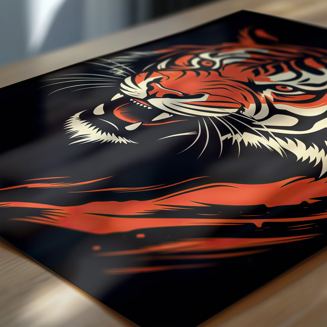 Detailed close-up of tiger giclée print "Burning Stripes" with sharp graphic strokes in orange, black, and cream tones, by Papanee Studio.