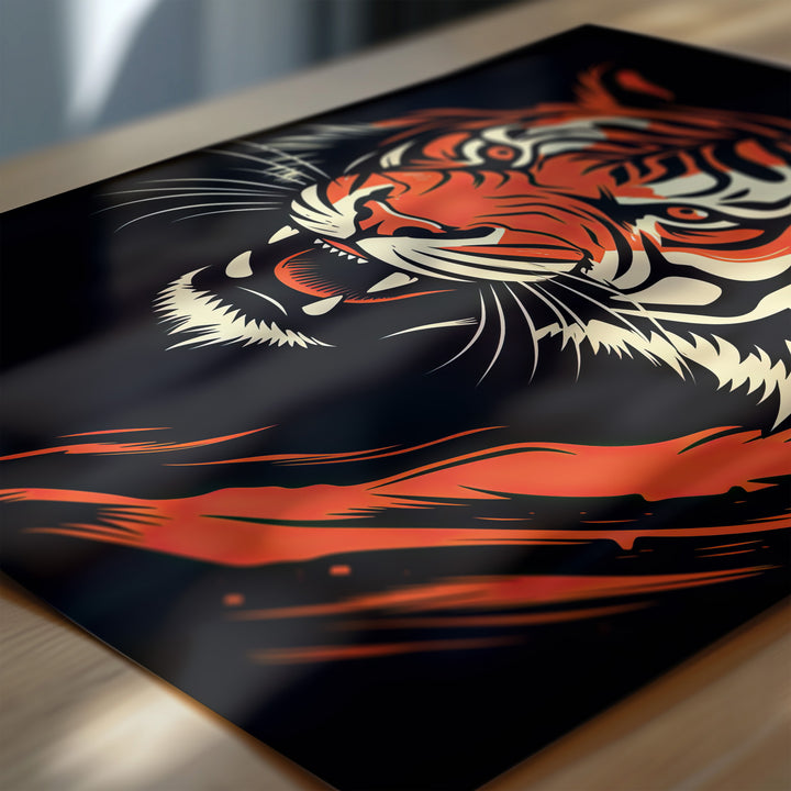 Detailed close-up of tiger giclée print "Burning Stripes" with sharp graphic strokes in orange, black, and cream tones, by Papanee Studio.
