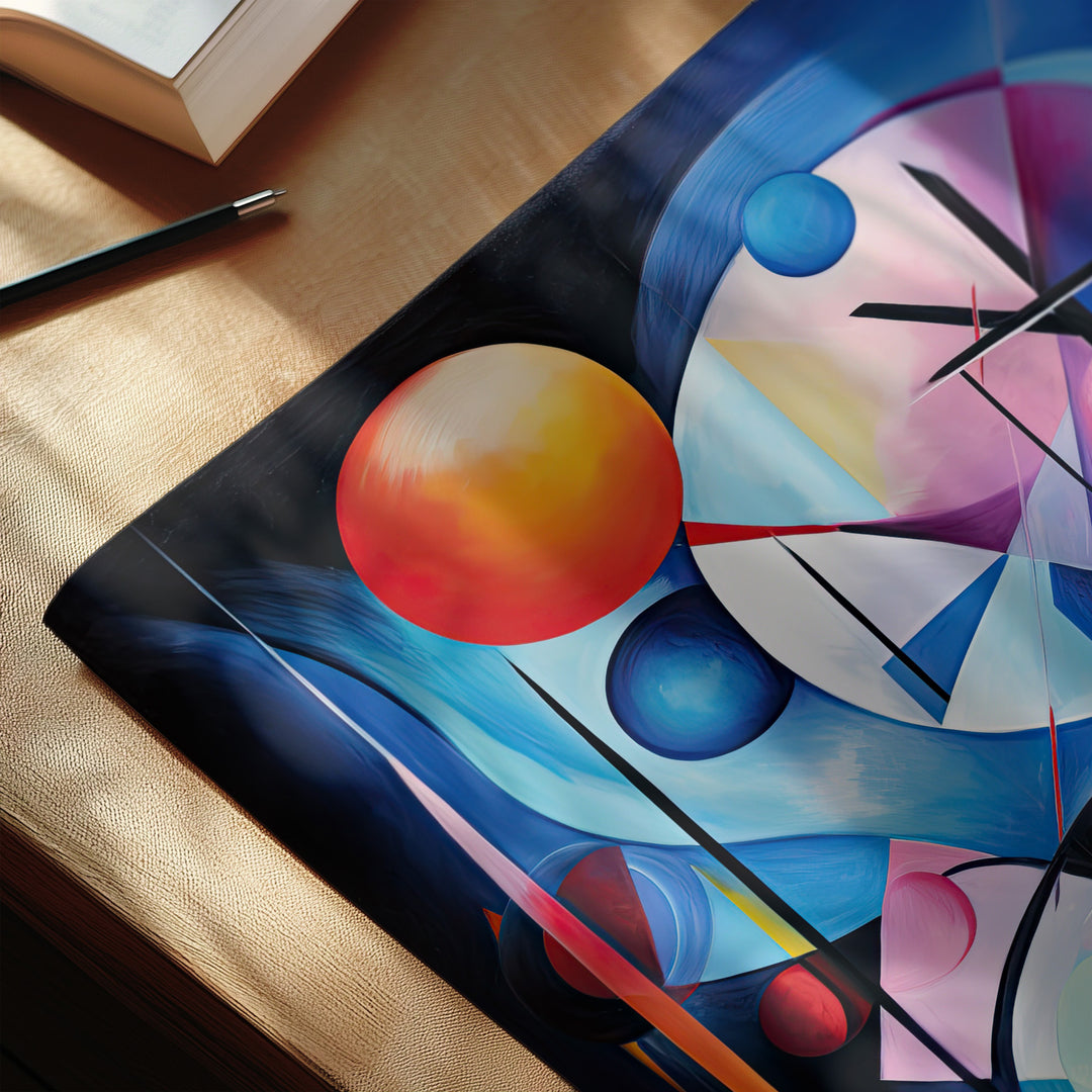 Close-up detail of Celestial Dance abstract giclée print showing circular and linear shapes in vivid orange, blue, and magenta colors with smooth color transitions.