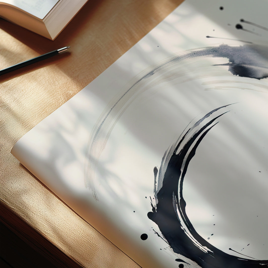 Close-up detail of the 'Circle of Life' ink brush artwork highlighting the paper texture and fluid brushwork.