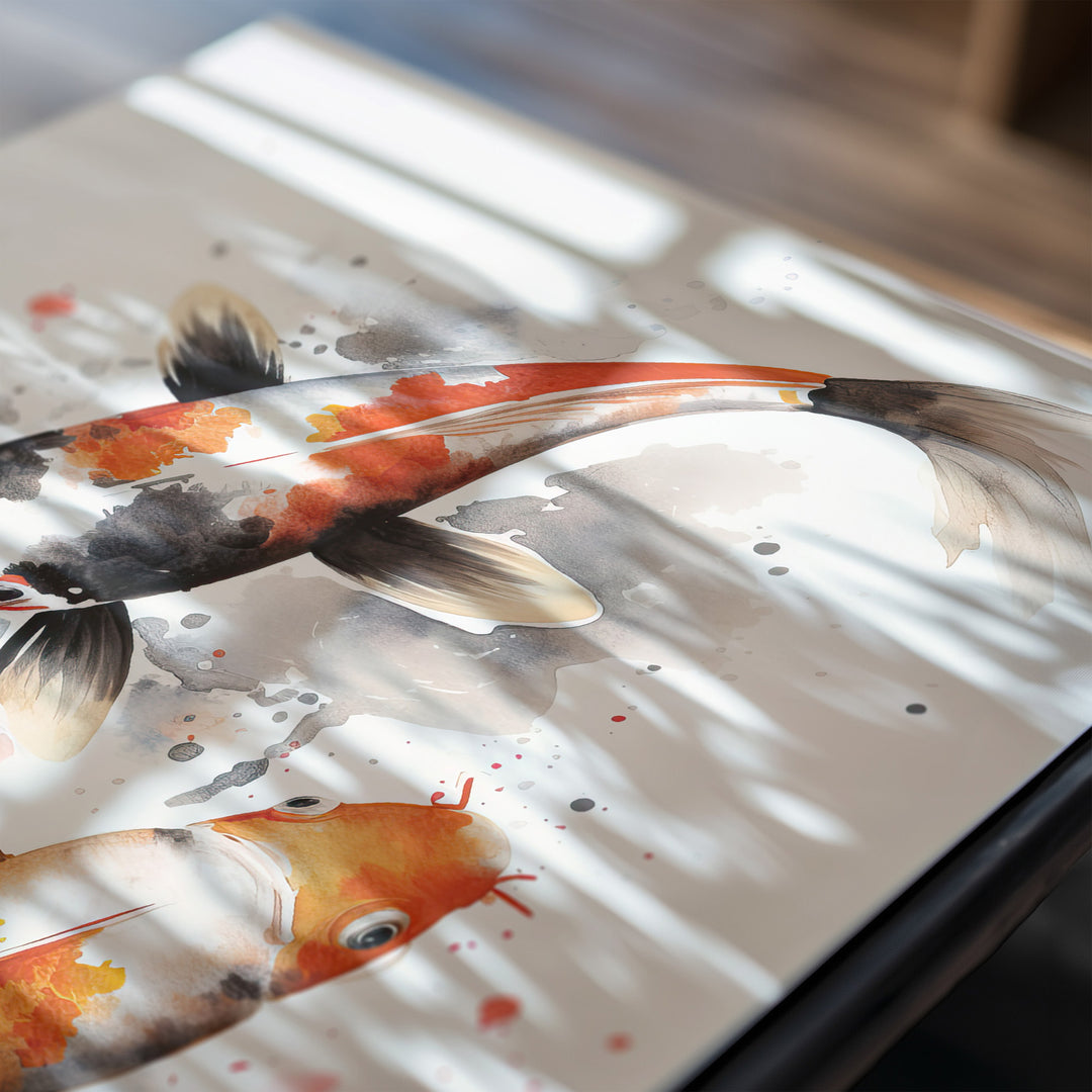 Close-up of 'Eternal Flow' fine art giclée print, showcasing the detailed watercolor textures and vivid orange, black, and grey tones of the koi fish. A luxurious art piece for refined spaces.