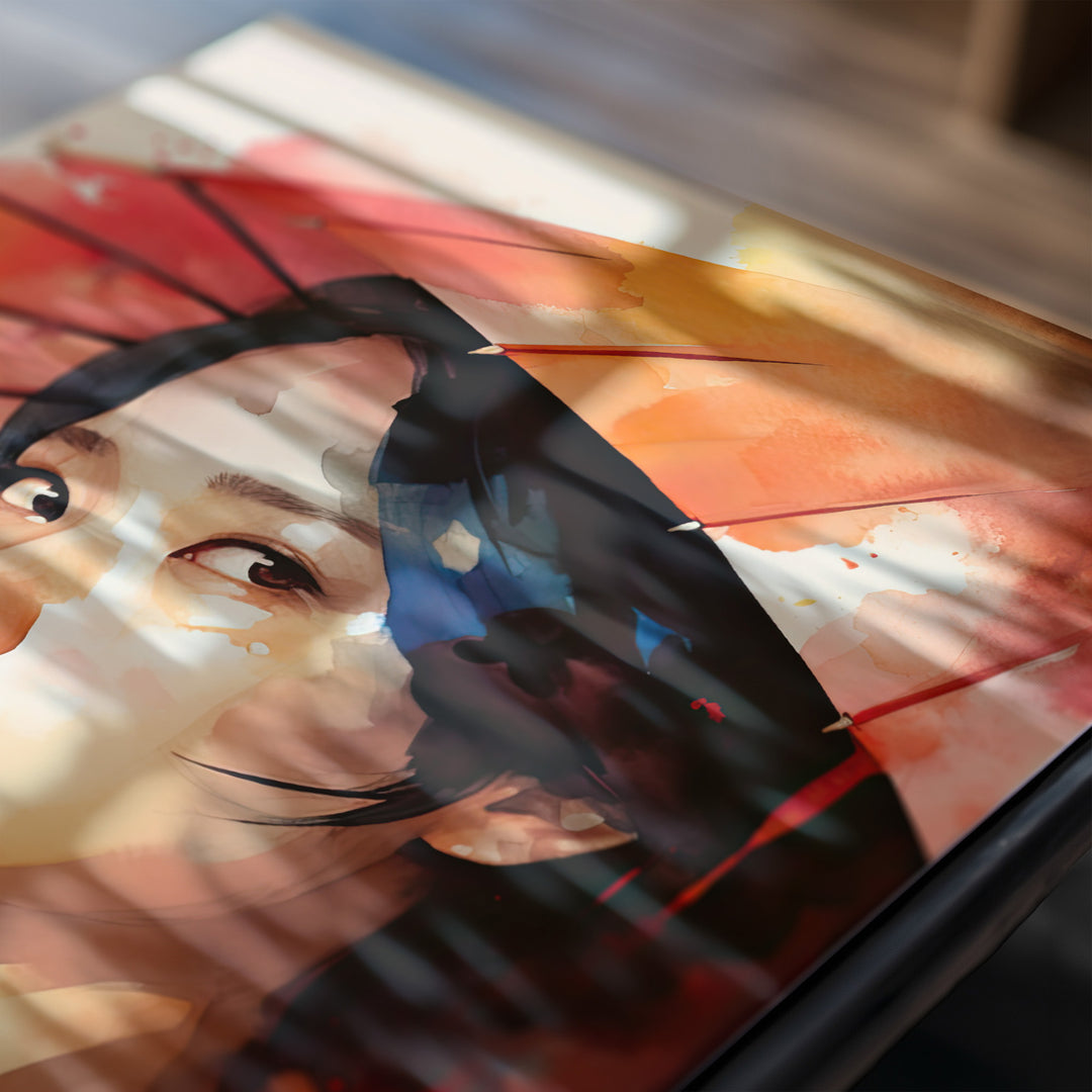 Close-up detail of "Kyoto Whisper" print, showcasing the rich watercolor textures and deep gaze of a Japanese woman.