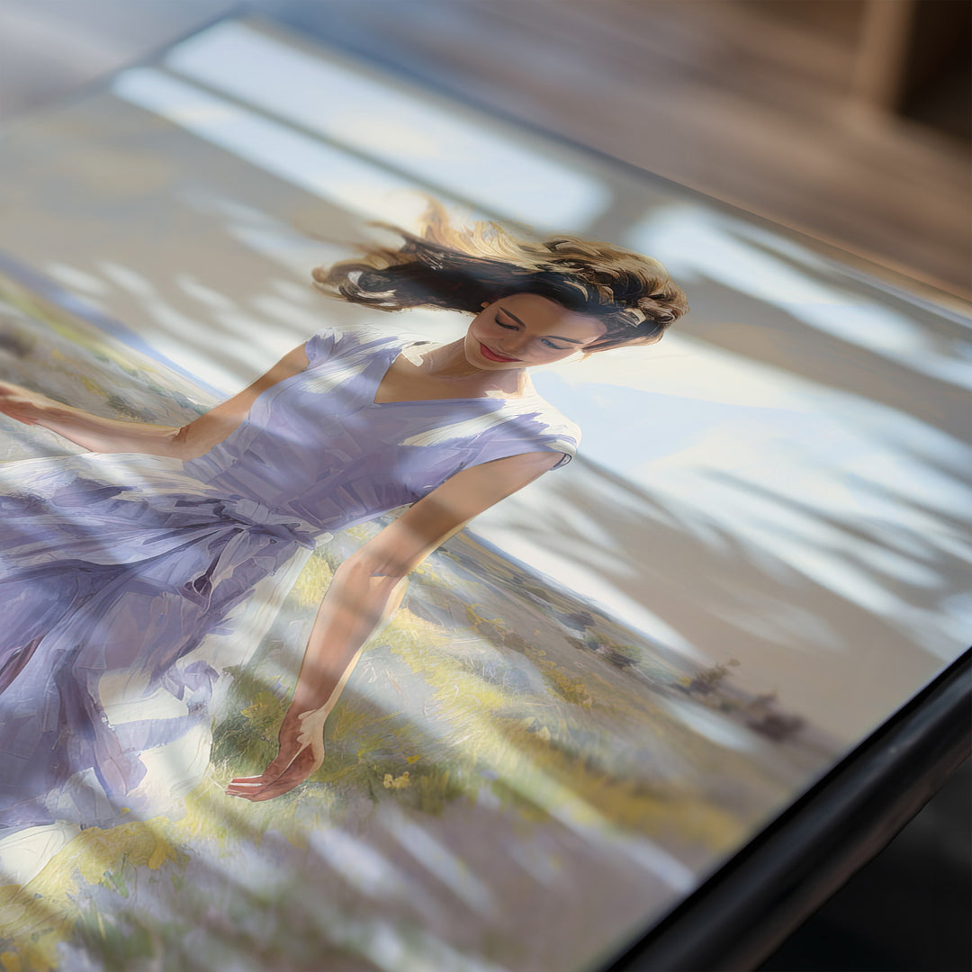 Detail shot of Lavender Breeze showing vivid texture and painterly strokes in the woman’s dress and field.