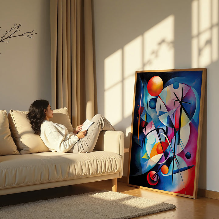 Large framed Celestial Dance artwork leaning against the wall near a modern sofa, bathed in natural sunlight, showcasing its intricate and colorful abstract design.