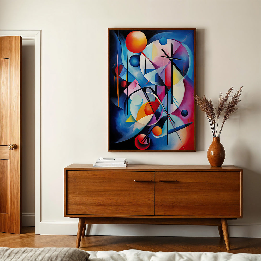 Celestial Dance abstract giclée print framed and mounted above a mid-century modern console, adding a pop of color and artistic flair to a minimalist interior.