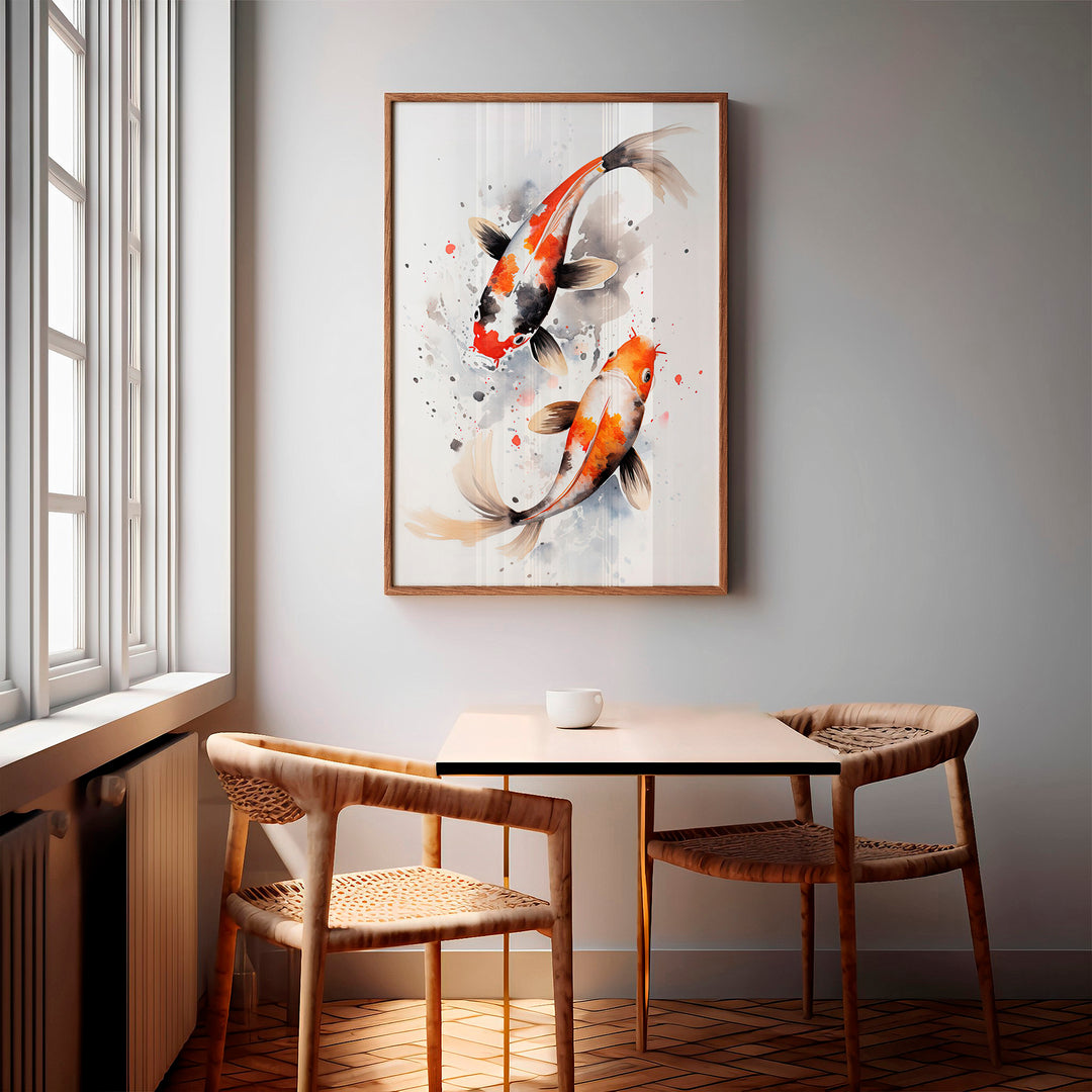 Two koi fish swimming in harmony in the 'Eternal Flow' watercolor print, displayed in a contemporary dining area. A graceful and meditative fine art giclée piece for serene spaces.
