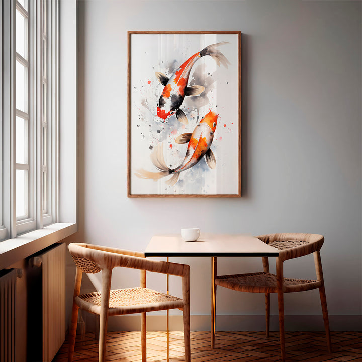 Two koi fish swimming in harmony in the 'Eternal Flow' watercolor print, displayed in a contemporary dining area. A graceful and meditative fine art giclée piece for serene spaces.