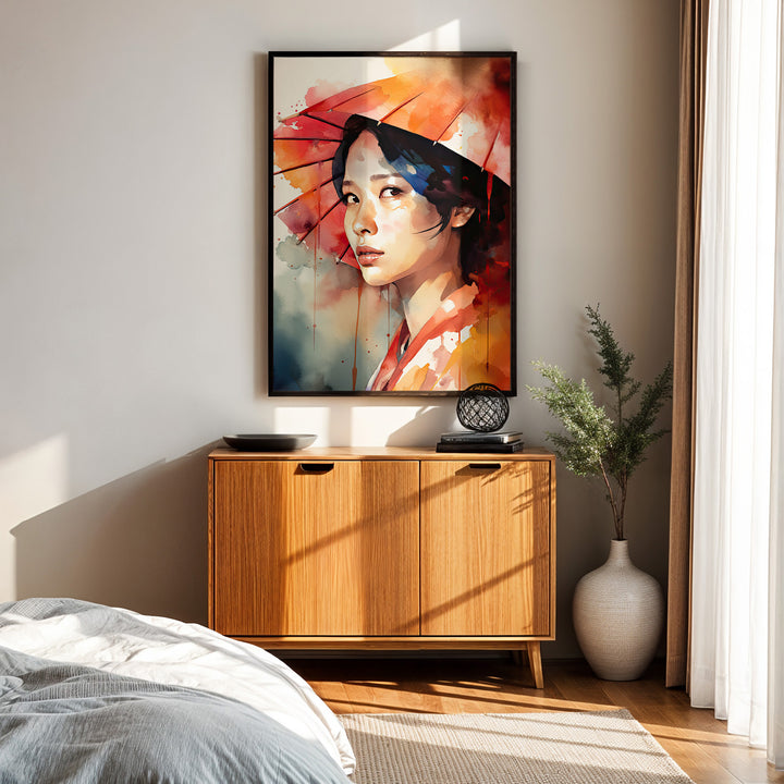 "Kyoto Whisper" fine art print of a Japanese woman with an umbrella, styled in a minimalist bedroom with natural wood decor.