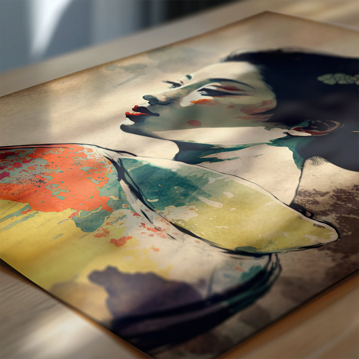 Close-up of Graceful Geisha fine art print showing detailed brush textures, soft lighting, and layered color splashes on premium archival paper.