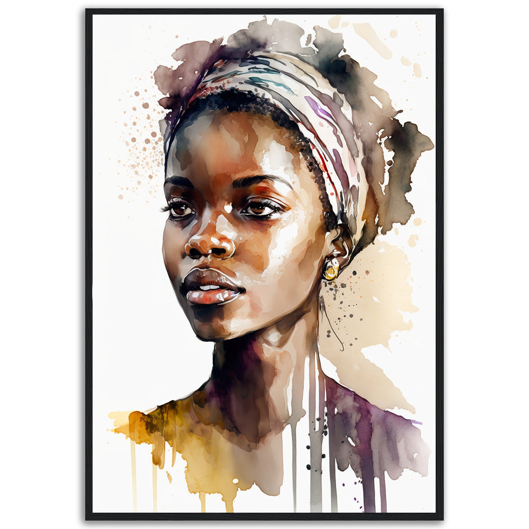 A stunning fine art giclée print of a young woman with regal poise, wearing a patterned headscarf. Rendered in rich watercolor washes, 'Aisha Rising' captures strength, elegance, and quiet grace—perfect for luxurious modern interiors.