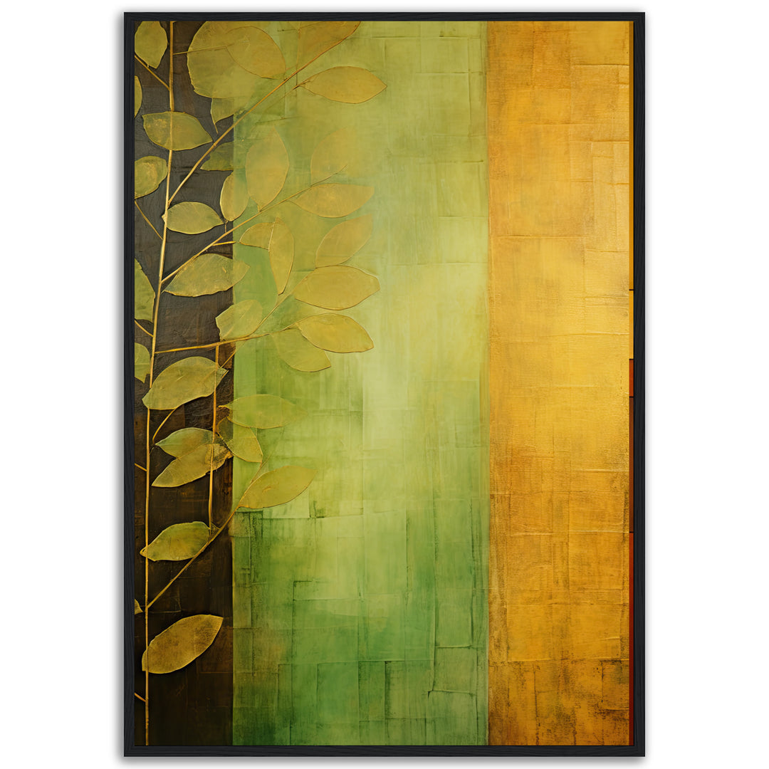 A fine art giclée print titled 'Botanical Dawn', featuring an elegant botanical design with abstract golden leaves against soft green and ochre gradients. Perfect for luxury, modern interiors."