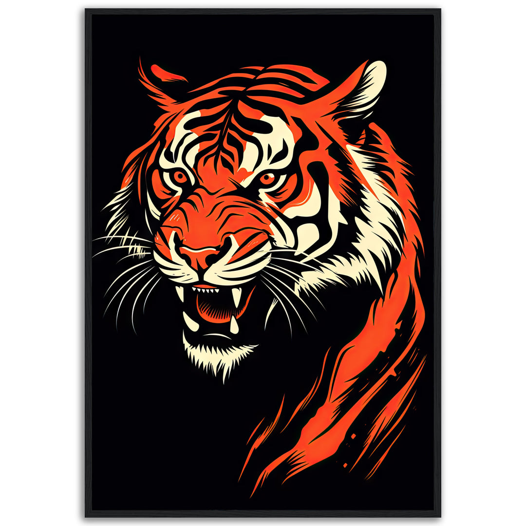 Modern graphic illustration of a fierce tiger on a black background, luxury fine art giclée print from Papanee Studio's "Burning Stripes" collection.