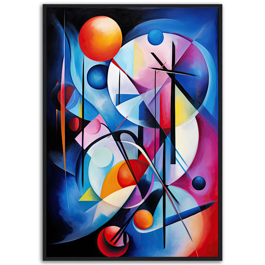 Colorful abstract geometric art print featuring circles, lines, and gradients of blue, red, and yellow on a dark background, part of the Celestial Dance fine art giclée series by Papanee Studio.