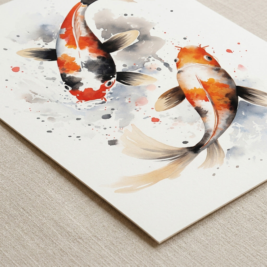 Close-up detail of the Eternal Flow fine art print highlighting watercolor texture, koi details and the fine art paper surface.