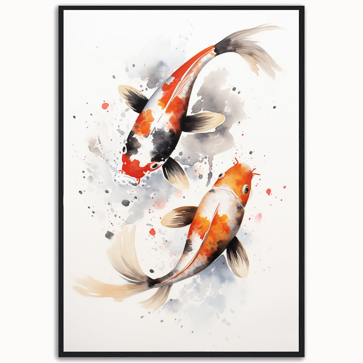 Eternal Flow koi fish watercolor fine art print with two koi in black, grey and warm orange tones.