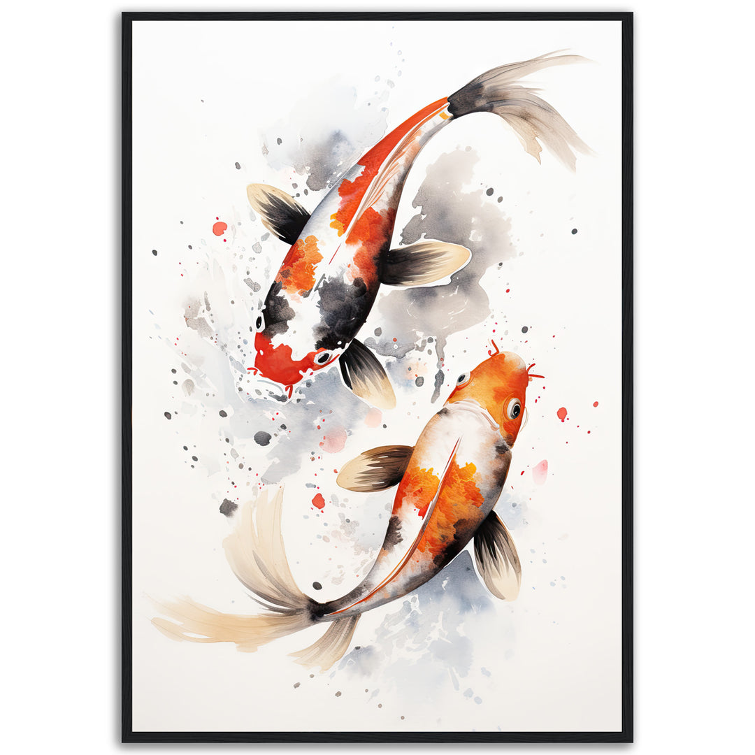 A contemporary fine art giclée print of two koi fish in watercolor, swimming gracefully with splashes of black, red, and orange on a white background. 'Eternal Flow' captures serene motion and harmony—perfect for modern zen-inspired interiors.