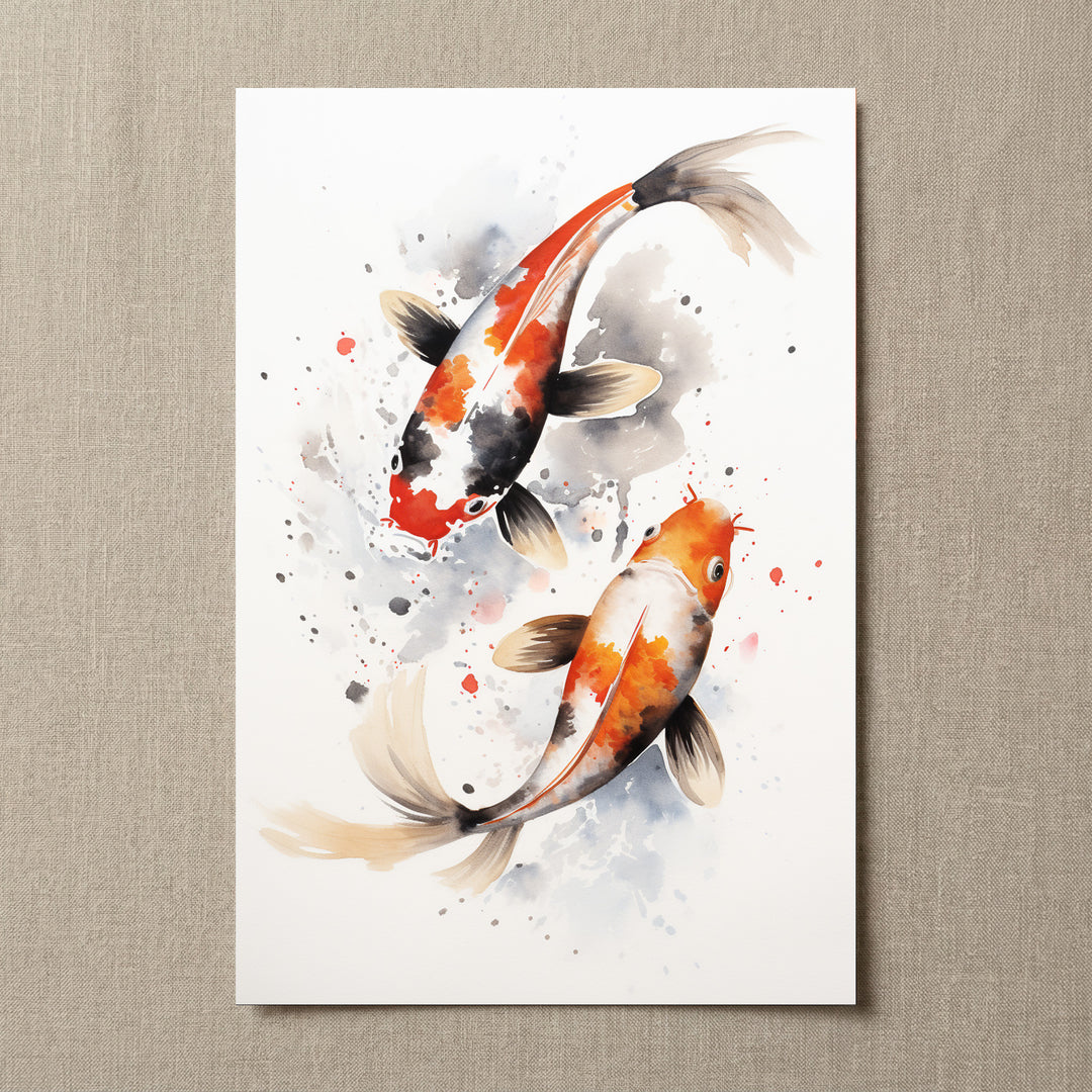 Eternal Flow unframed koi fish watercolor fine art print featuring two flowing koi in black, grey and orange.