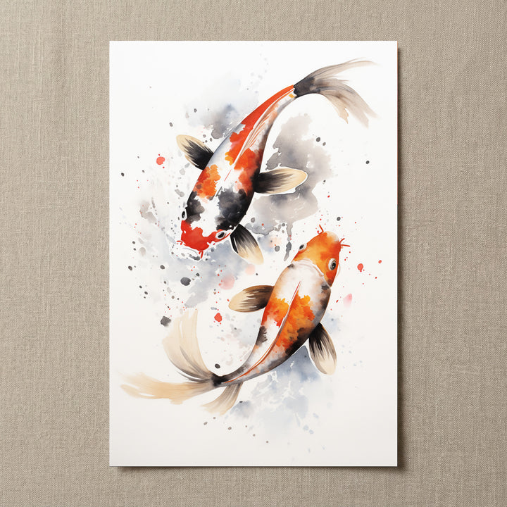 Eternal Flow unframed koi fish watercolor fine art print featuring two flowing koi in black, grey and orange.