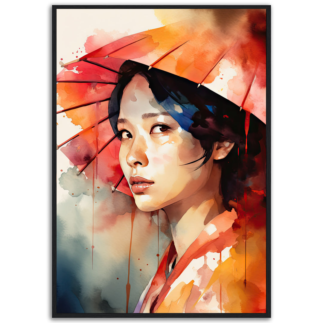 Watercolor fine art portrait of a Japanese woman under a red and orange parasol, titled "Kyoto Whisper", by Papanee Studio.