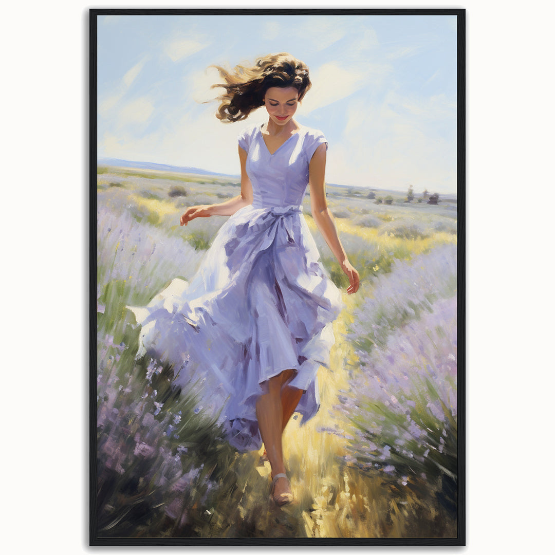 Lavender Breeze romantic fine art print of a woman in a flowing lavender dress walking through a sunlit violet field.