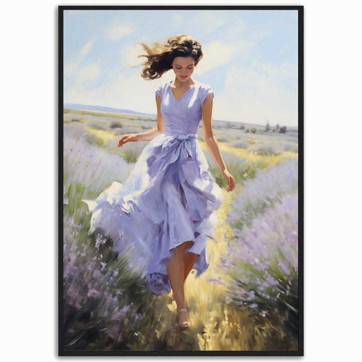 Lavender Breeze romantic fine art print of a woman in a flowing lavender dress walking through a sunlit violet field.