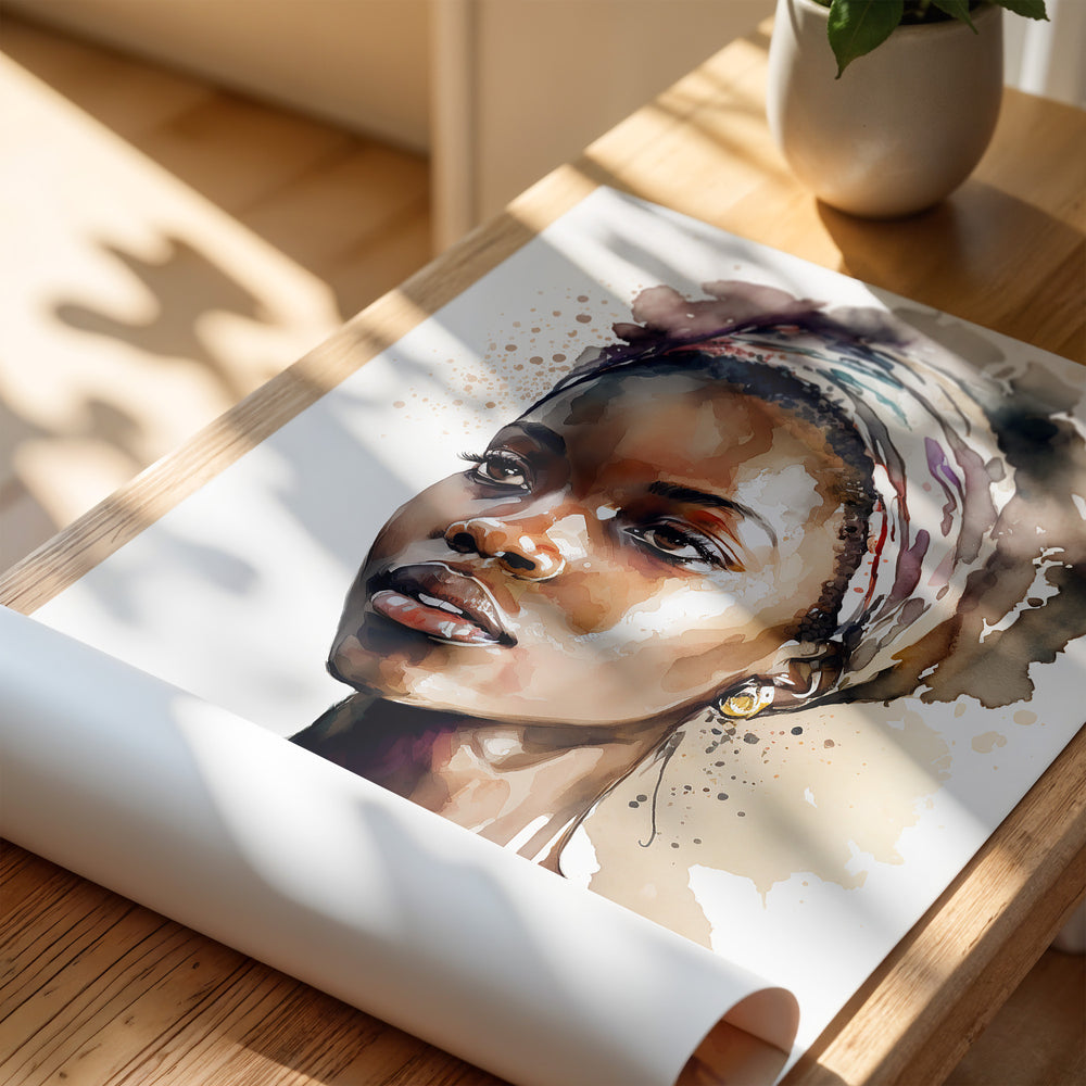 A rolled giclée print of 'Aisha Rising' featuring a vibrant watercolor portrait of a woman, laid on a wooden table bathed in sunlight. The rich earth tones and fluid brushwork are highlighted in the soft natural light.