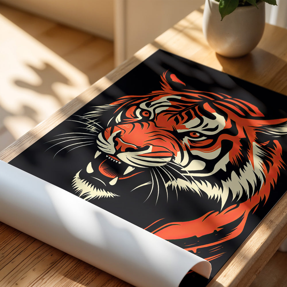 Close-up of "Burning Stripes" tiger giclée print, bold orange and black design with intricate line work, premium art print by Papanee Studio.