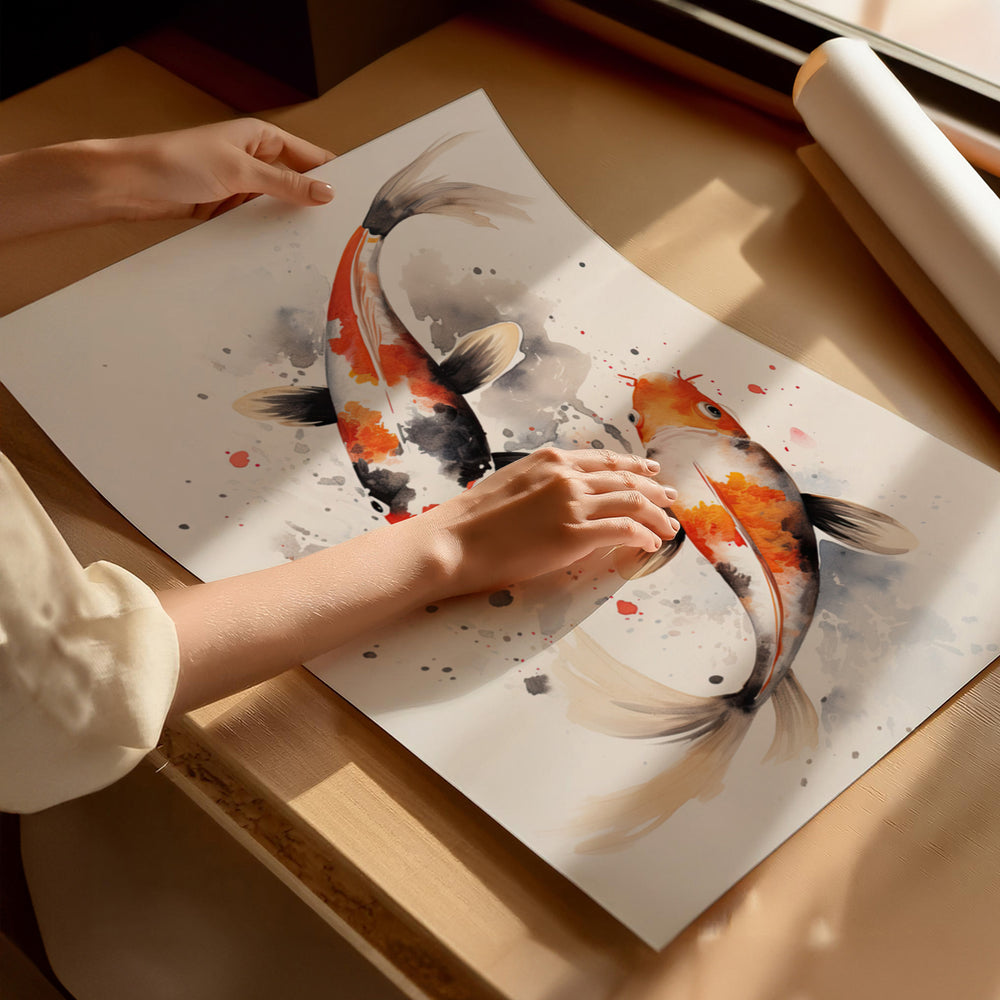 Hands unrolling the 'Eternal Flow' fine art print featuring two vibrant koi fish painted in flowing watercolor. A soft, natural light highlights the artwork's delicate brushstrokes and tranquil energy.