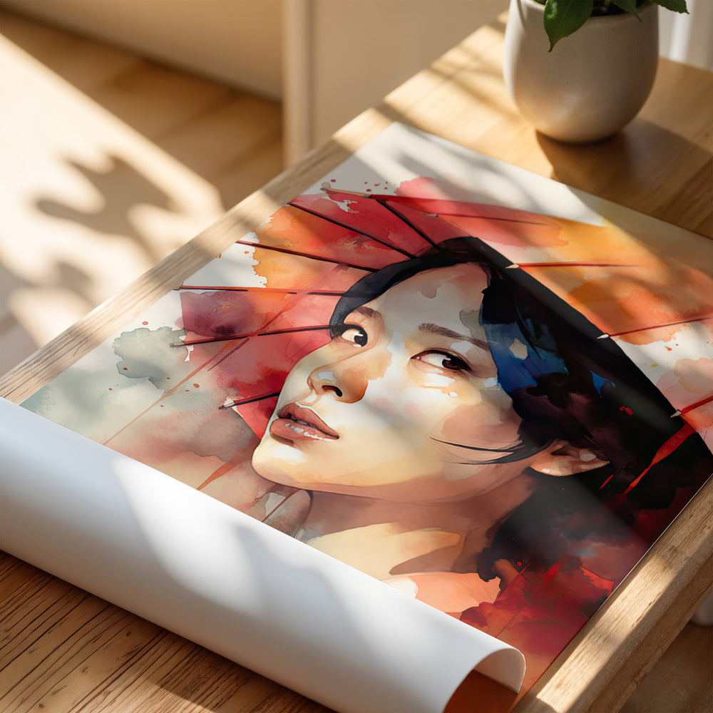 Unframed fine art print of "Kyoto Whisper", a Japanese woman with a parasol, delicately rolled on a wooden table in sunlight.