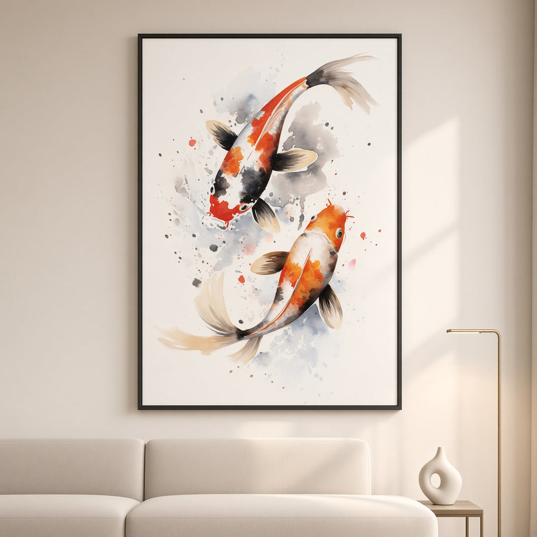 Eternal Flow koi fish wall art displayed as a fine art print in a calm modern interior.