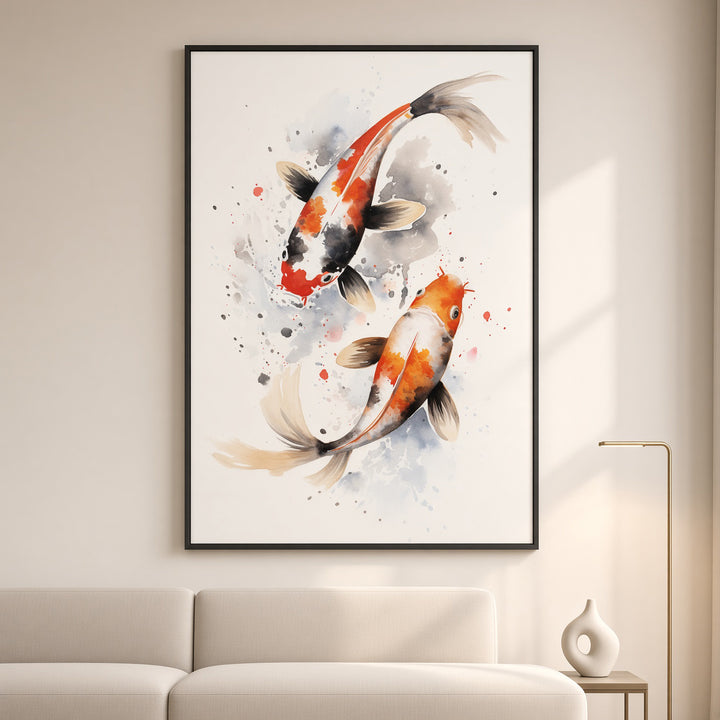 Eternal Flow koi fish wall art displayed as a fine art print in a calm modern interior.