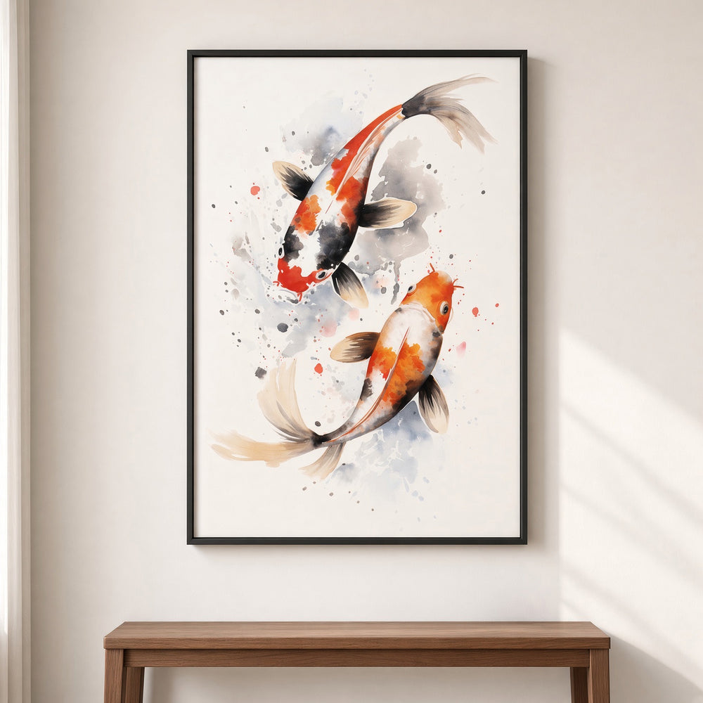 Eternal Flow Japanese-inspired koi wall art displayed as a fine art print in a contemporary interior.