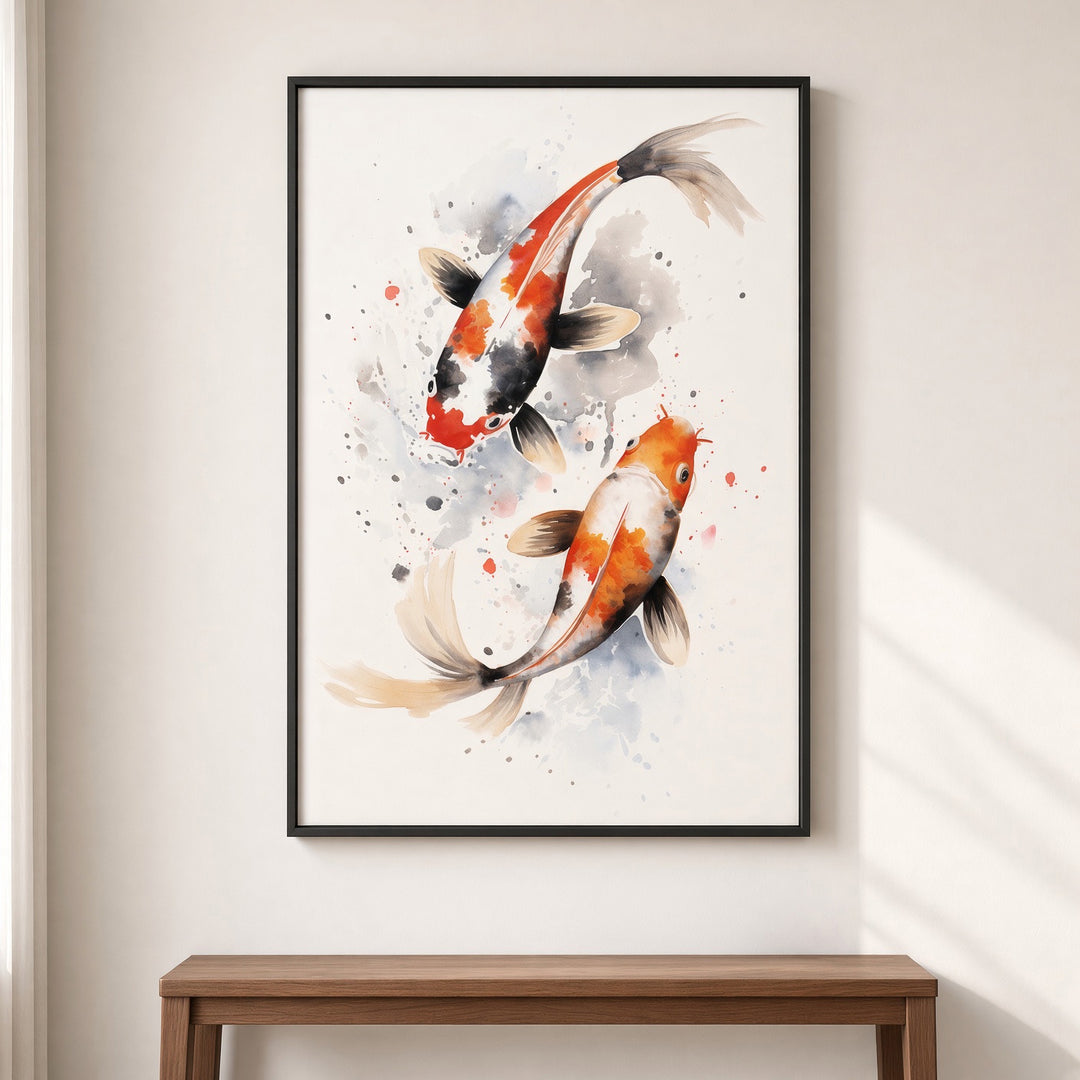 Eternal Flow Japanese-inspired koi wall art displayed as a fine art print in a contemporary interior.