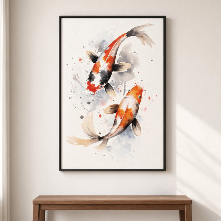 Eternal Flow Japanese-inspired koi wall art displayed as a fine art print in a contemporary interior.