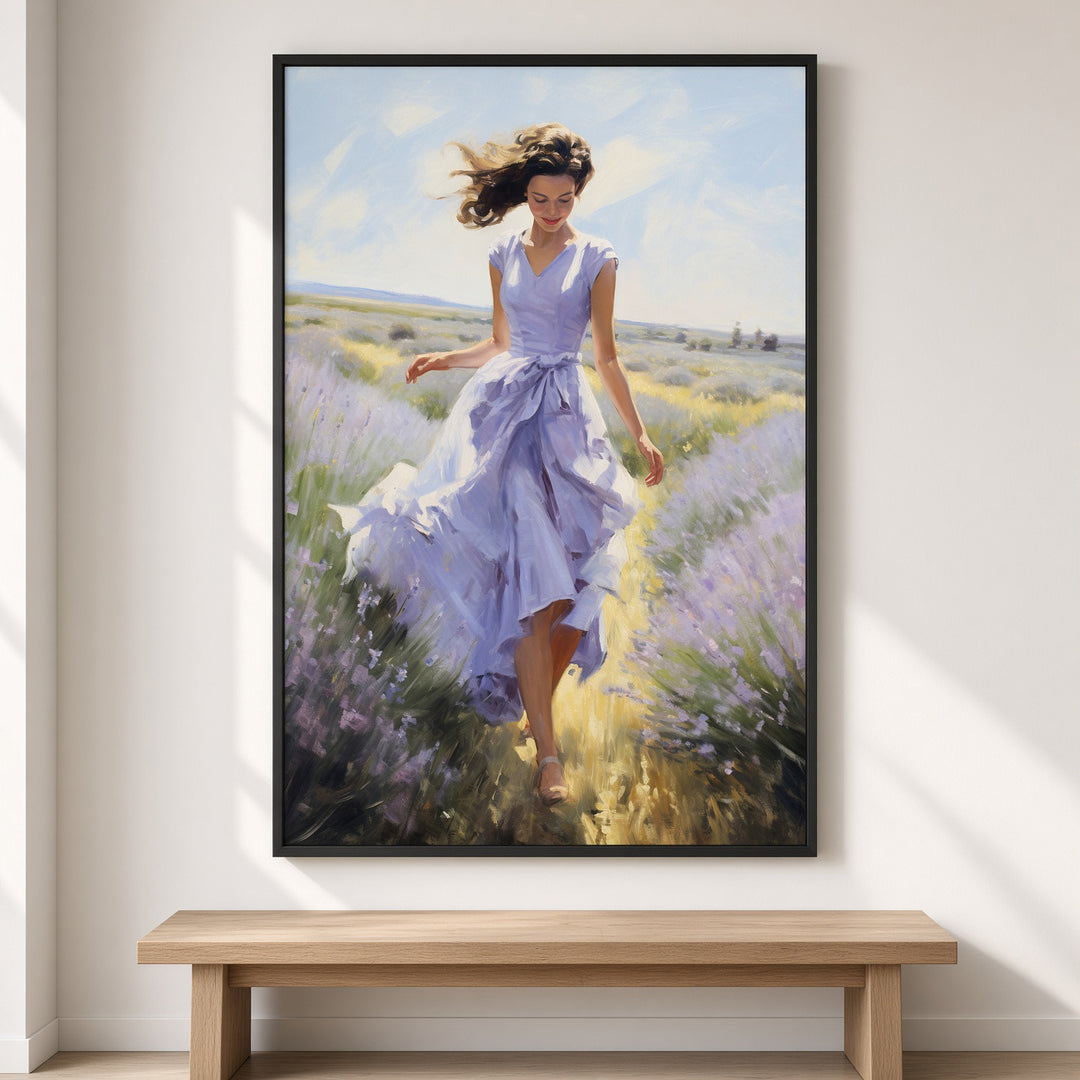 Lavender Breeze romantic wall art in a thin black frame above a low bench in a warm neutral interior with soft window light.