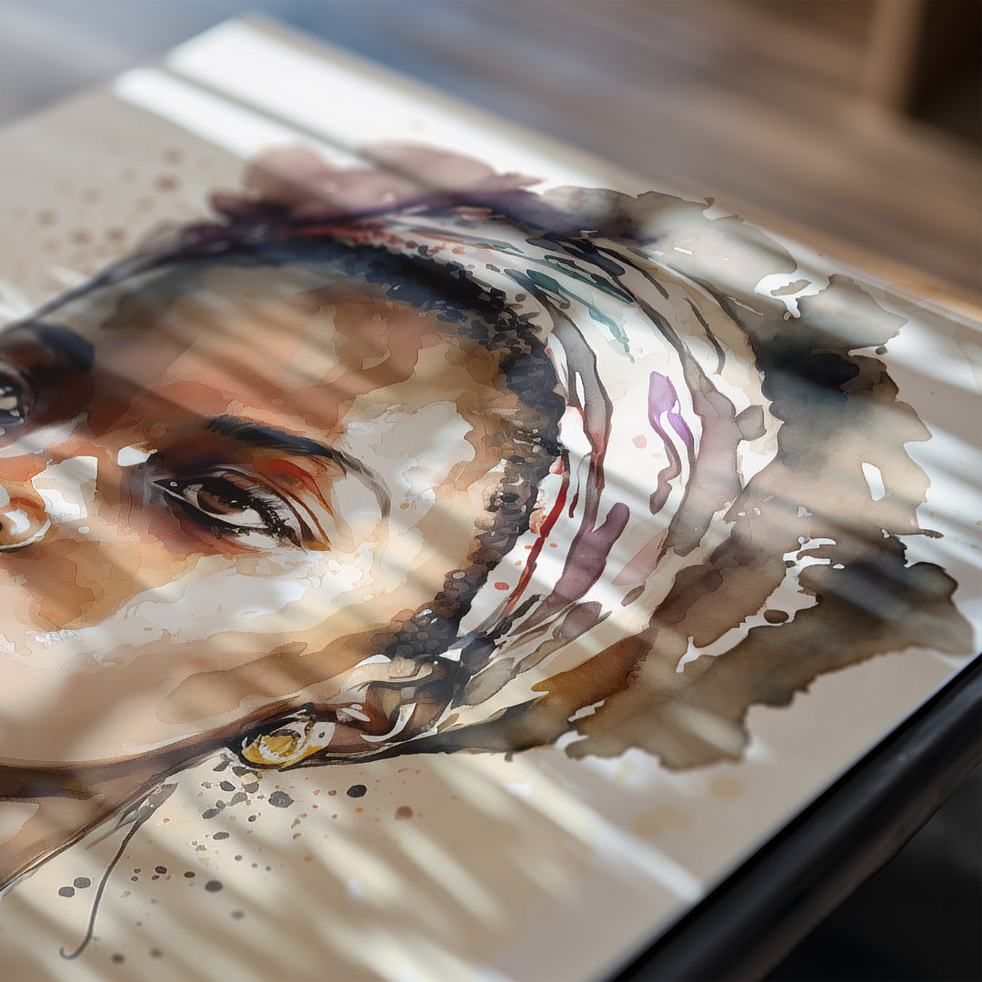 Close-up of 'Aisha Rising' giclée print, revealing delicate watercolor textures and layered hues. Natural shadows dance across the portrait, enhancing its softness and emotive presence.