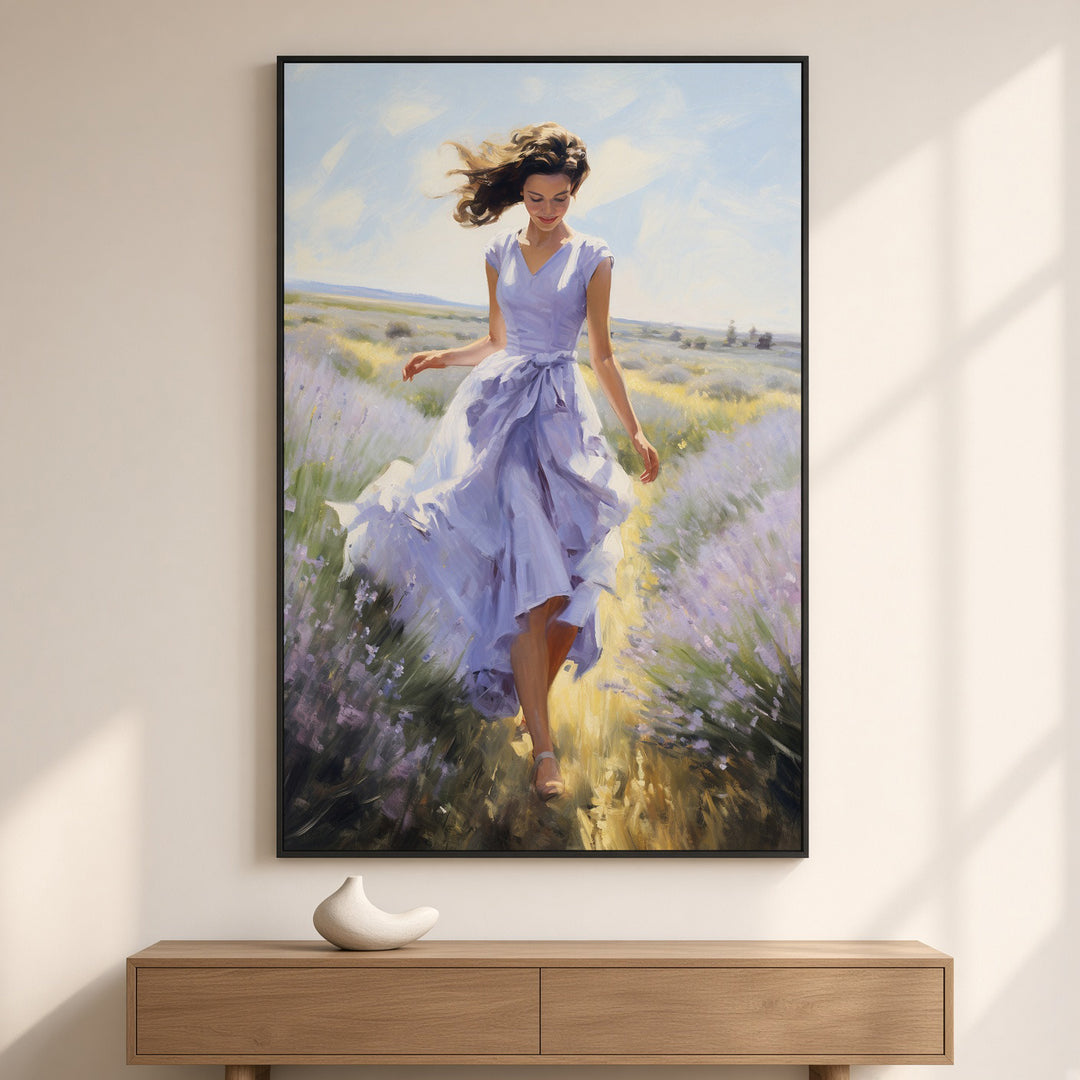 Lavender Breeze lavender field wall art in a thin black frame above a slim wooden console in a softly lit modern interior.