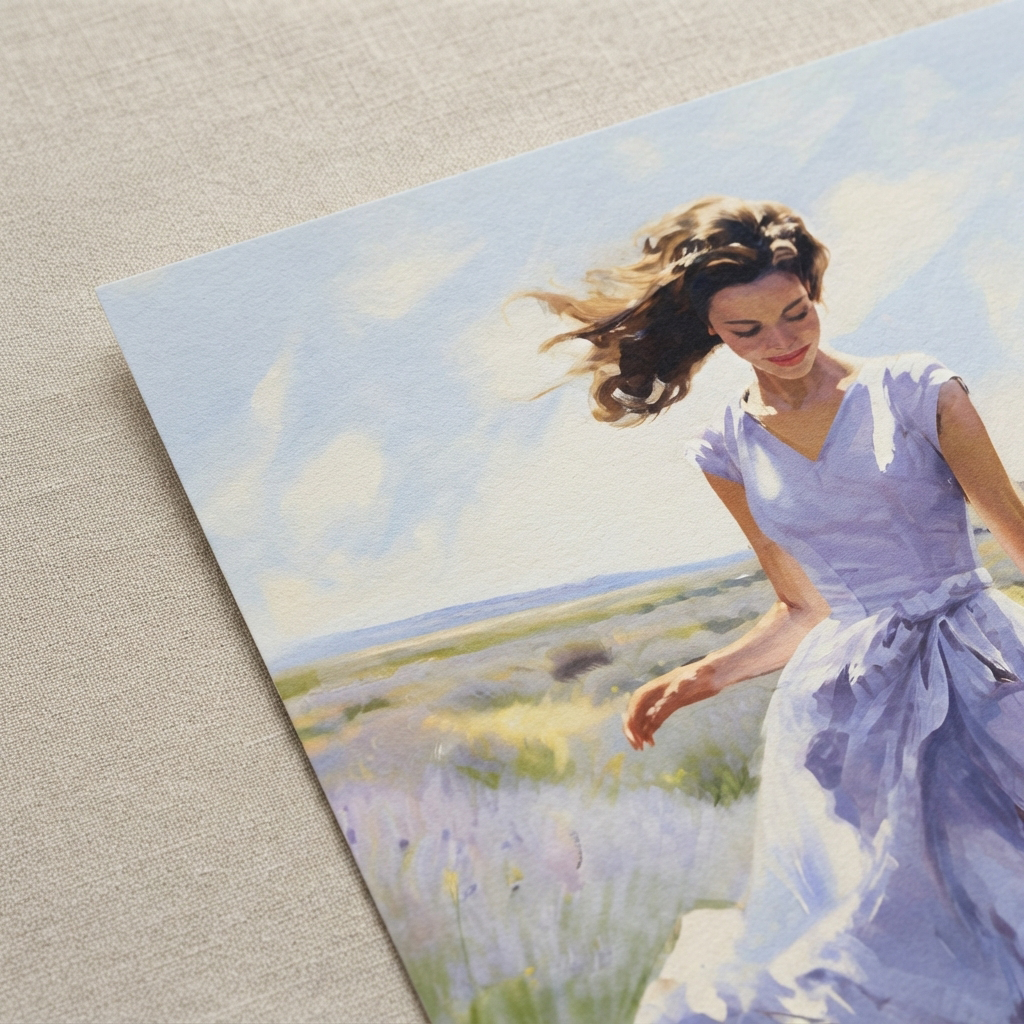 Close-up detail of the Lavender Breeze art print, highlighting expressive brushwork, soft lavender tones and the flowing dress.