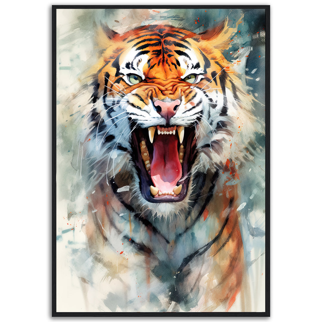 An animal poster in full watercolor showing a roaring tiger