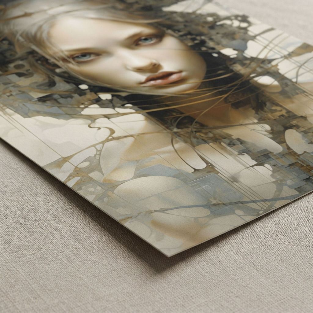 Close-up detail of Sudden Insight fine art print showing paper texture and geometric portrait details