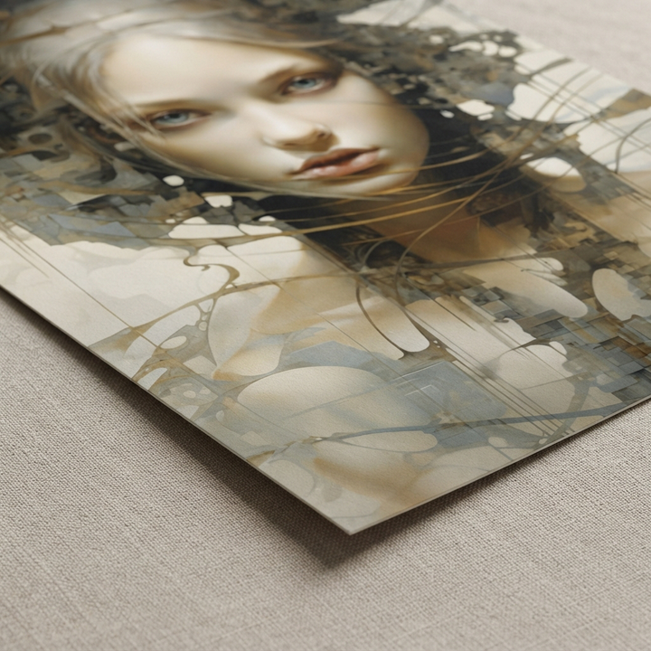 Close-up detail of Sudden Insight fine art print showing paper texture and geometric portrait details