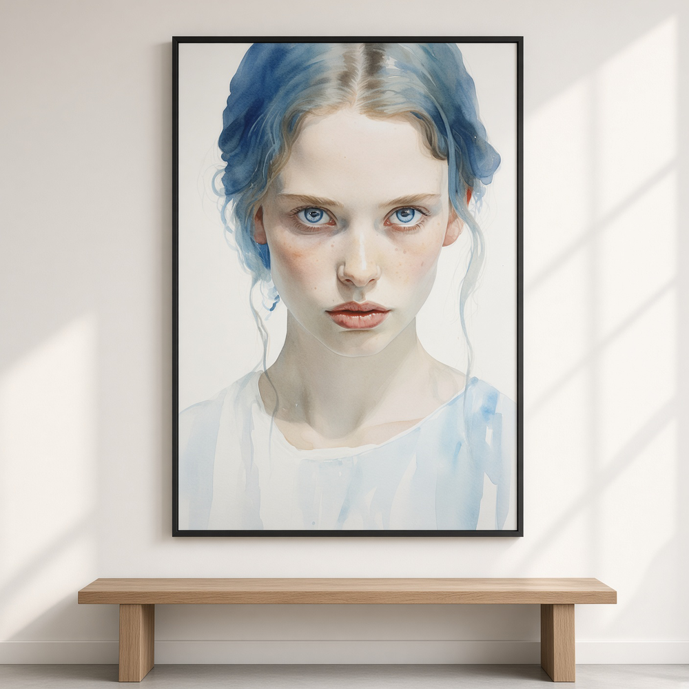 Wintersoul Decora portrait wall art in a thin black frame above a low bench in a calm warm-neutral interior.