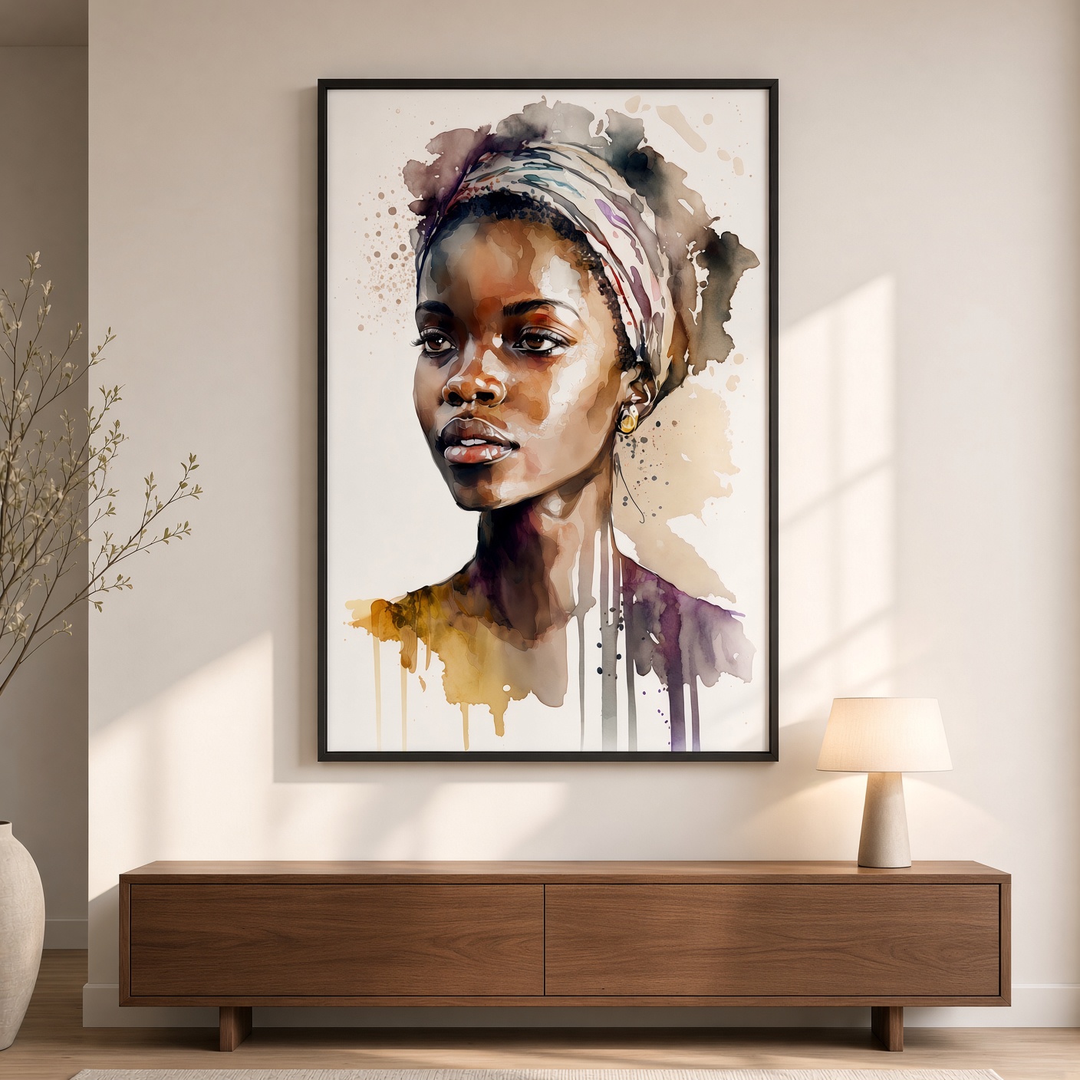 Aisha Rising fine art portrait print by Papanee displayed on a wall in a styled interior.