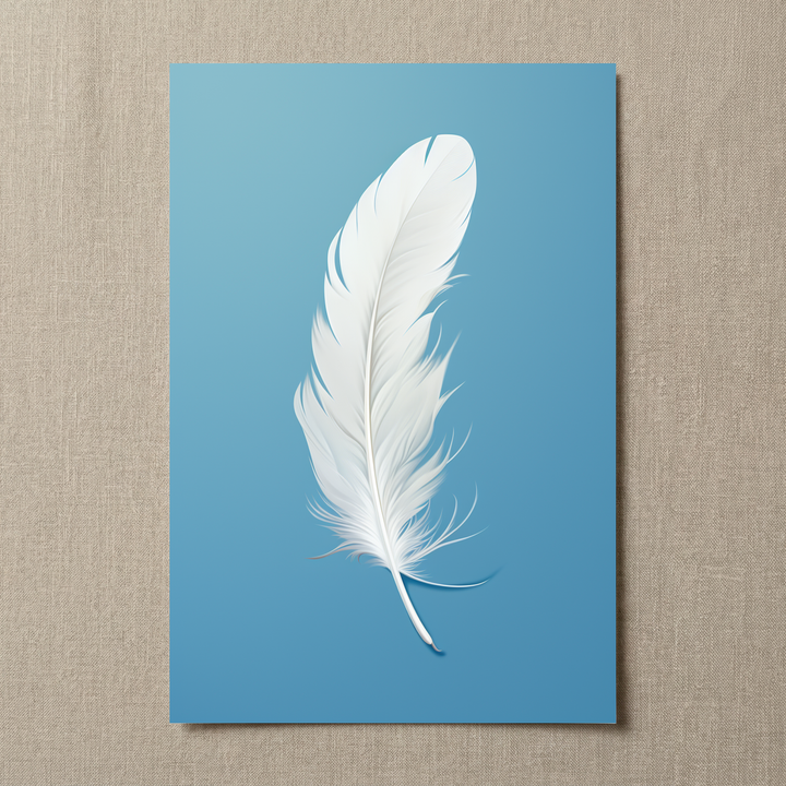 Calm Quill blue and white feather fine art print shown in a clean product presentation.